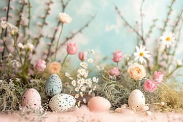 Fototapeta premium Blooming Easter: Eggs and Flowers Celebration