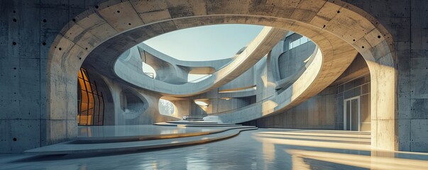 Empty abstract architecture building in minimal concrete design with open space floor courtyard white podium and curved walls museum plaza as wide display showroom mockup environment, Generative AI - obrazy, fototapety, plakaty