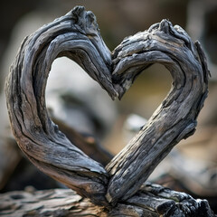 Small heart made from a vine and sticks is on a wooden background, in the style of raw metallic.