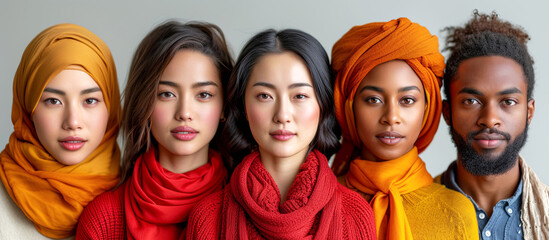 Image of  5 people of different races and nationalities stand close to each other demonstrating common  goals in multicultural cooperation. For covers, banners and other projects. - obrazy, fototapety, plakaty