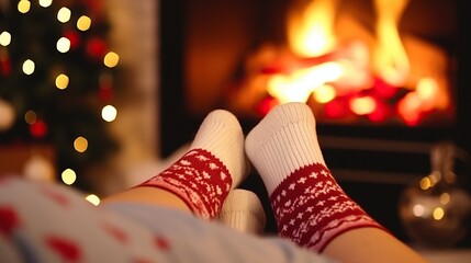 Winter evening, with Christmas stockings, happy woman resting near campfire with feet in wool socks.People relaxing at home. Xmas and New Year winter holiday concept