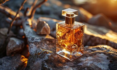 generic luxury gold perfume mockup glass bottle with golden chrome and marbled glass body with on rock display at golden hour time, Generative AI