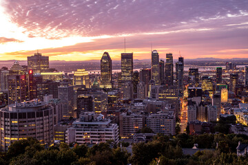 Aerial view of Montreal skyline in autumn at sunrise, Quebec, Canada - obrazy, fototapety, plakaty