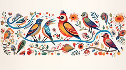 Fototapeta na wymiar Vibrant Illustration of Stylized Birds with Floral Patterns and Ornaments