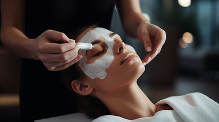  a beauty salon, a beautician carefully brushes a white moisturizing mask onto the face of a young...