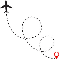 Travel concept from start point and dotted line tracing icon. Airplane or aeroplane routes path. Aircraft tracking plane path, travel, map pins, location pins. Black vector zigzag road 