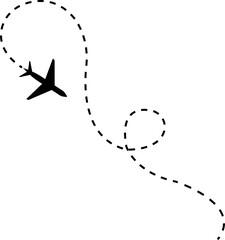 Travel concept from start point and dotted line tracing icon. Airplane or aeroplane routes path. Aircraft tracking plane path, travel, map pins, location pins. Black vector zigzag road 