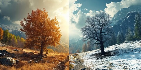 split comparison view of different summer vs winter seasons, aging or timeline of environmental climate change concepts as wide banner - Generative AI