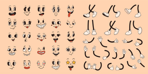 Set of 70s groovy comic faces vector. Collection of cartoon character faces, leg, hand in different emotions happy, angry, sad, cheerful. Cute retro groovy hippie illustration for decorative, sticker.