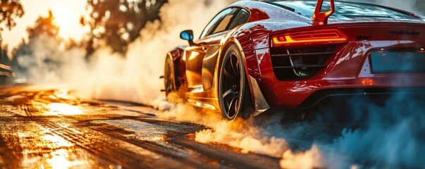 generic sports car performing burnout or drifting on racing track with smoke and heat as wide banner with copy space area - Generative AI - obrazy, fototapety, plakaty
