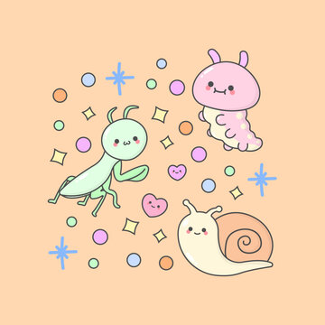 Vector Insect Mentis caterpillar Snail with cute facial expressions and pastel colour