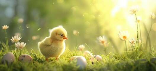 Sweet and charming yellow baby chicks alongside their eggs. - obrazy, fototapety, plakaty