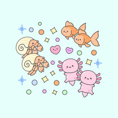 Vector Underwater Sea Animal Salamender Fish Hermit with cute facial expressions and pastel colour