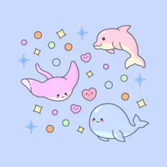 Papier Peint photo Baleine Vector Underwater Sea Animal Stingray Whale Dolphin with cute facial expressions and pastel colour