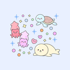 Vector Underwater Sea Animal Turtle Squid Seagul with cute facial expressions and pastel colour
