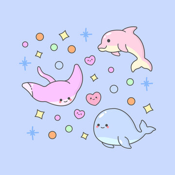 Vector Underwater Sea Animal Stingray Whale Dolphin with cute facial expressions and pastel colour