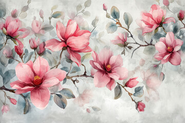 Delicate Floral Watercolor Illustration: Vintage Blossoms on Pink Background