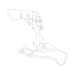 Hands reach out to each other with a heart. Concept for wall art, logo, card, banner. Love, relationship, Valentines day concept.Vector illustration isolated on white background.