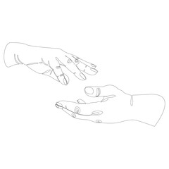 Hands reach out to each other. Concept for wall art, logo, card, banner. Love, relationship, Valentines day concept.Vector illustration isolated on white background.