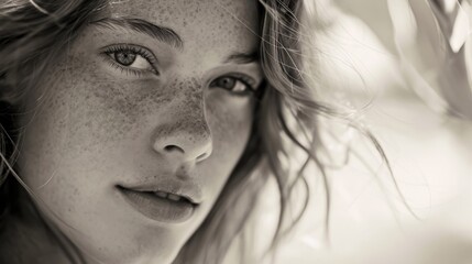 A close up of a woman with freckles on her face