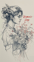 A drawing of a woman holding a bouquet of flowers