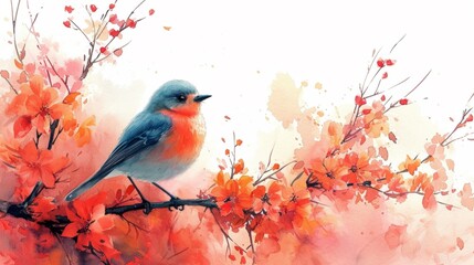 A watercolor painting of a bird sitting on a branch
