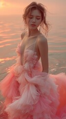 A woman in a pink dress standing in the water