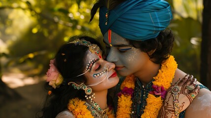 Divine Love Celebration, Young Couple as Radha and Krishna - obrazy, fototapety, plakaty