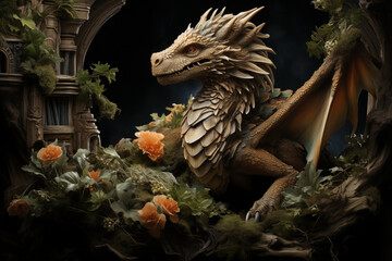 Enigmatic Beige Dragon Nestled Amongst Gothic Ruins and Lush Foliage, a Scene Straight Out of a Fantasy Tale
