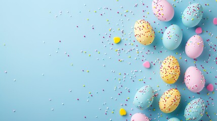 Colorful Easter background with scattered eggs and blooming flowers on blue.