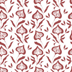 Folk art red white flowers vector seamless pattern background. Botanical hand drawn floral repeat backdrop. Geometric half drop design. All over print for packaging, gift