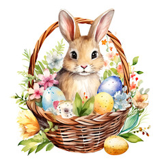 Watercolor Easter Bunny and Basket of Eggs isolated on White Background