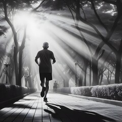 Man running through the park seen from behind