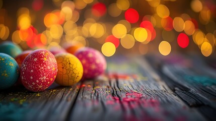 Easter eggs with vibrant colors shown on wood and bokeh.