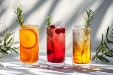 three modern fresh non alcoholic mocktails, minimalist