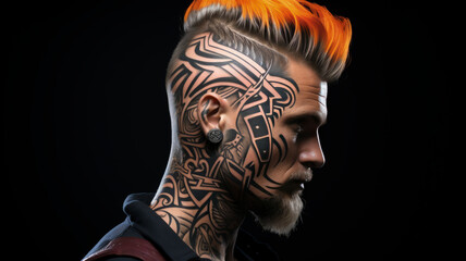 Modern Tribal Art: Man with Undercut Hairstyle and Bold Tattoo Design - Ink Your Identity, Ai Generated