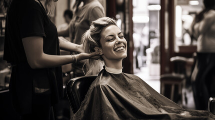 Fototapeta premium A woman sits comfortably in a chic salon chair, a content smile gracing her lips as a hairdresser attends to her, the sound of scissors and hairdryers filling the air with a sense of relaxation