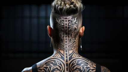 Modern Tribal Art: Man with Undercut Hairstyle and Bold Tattoo Design - Ink Your Identity, Ai Generated