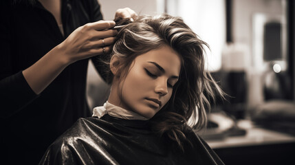 Cutting the hair of the guests in the beauty salon - obrazy, fototapety, plakaty