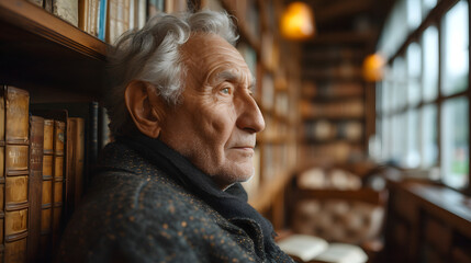 Aging man contemplating life with wrinkles in the library with books, by the window - obrazy, fototapety, plakaty