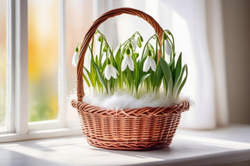 Beautiful primroses, bouquet of snowdrops in a wicker basket on white table near the window, modern interior, copy space, close up, blur background