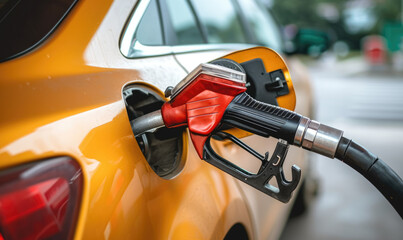 Refueling the car at a gas station fuel pump. Man driver hand refilling and pumping gasoline oil the car with fuel at he refuel station.