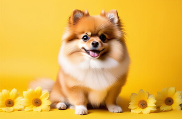 Pomeranian dog with spring flowers on a yellow background, spring concept, women's day, birthday, banner for advertising
