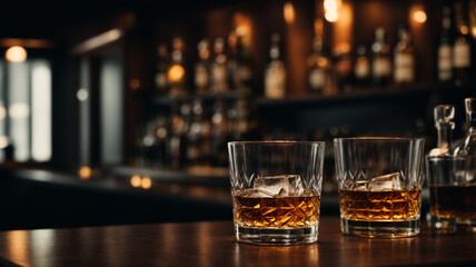 Two glass of whiskey with ice on bar counter, moody dark background