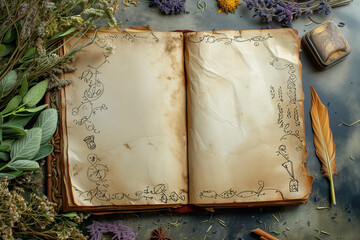 Vintage Open Book on Wooden Table with Herbal Assortment for Historical and Botanical Illustration Concepts