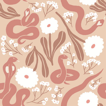 Pink and beige snakes  with white marigold flowers seamless pattern
