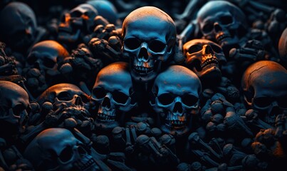 A pile of human and animal skulls arranged in a disordered but intimate grouping. - obrazy, fototapety, plakaty