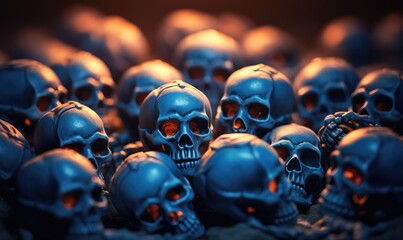 Several skulls with luminous eyes are seen together in a dimly lit room.