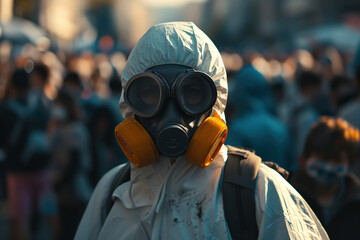 An unrecognizable man in chemical protection and a mask standing in a crowd of people on the street. Epidemic, pandemic concept