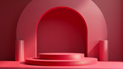 A Red cylinder pedestal podium display, empty room background